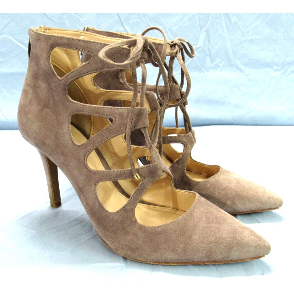 VINCE CAMUTO Bodell LIGHT BROWN Suede Leather LACED Pointed Toe HIGH HEELS 8.5M